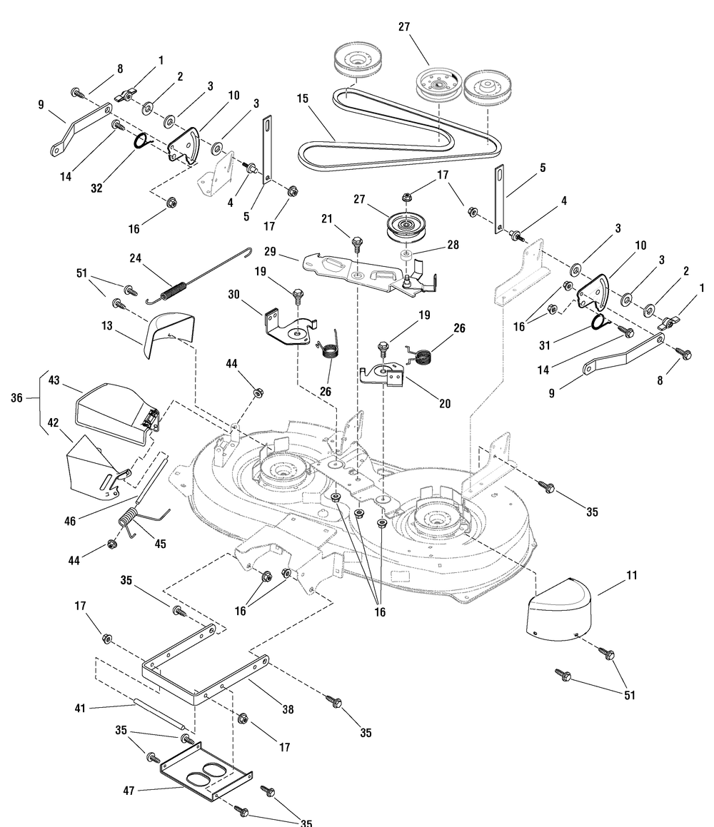 42" Mower Deck - Clutch And Support Diagram and Parts List for 7800162E-ELT155420 2010 Briggs and Stratton Lawn Tractor